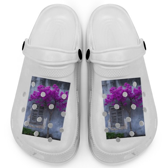 Vibrant Blossom Against Rustic Wall Clogs