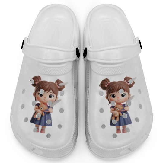 Whimsical Girl with Feather and Teddy Bear Clogs