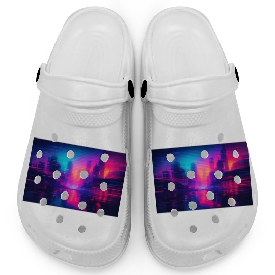 Cyberpunk Glitch Cityscape Art Clogs