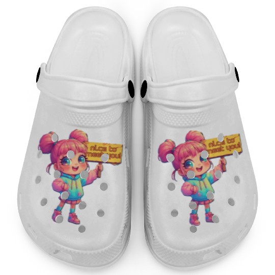 Cute Girl Holding Welcome Sign Clogs