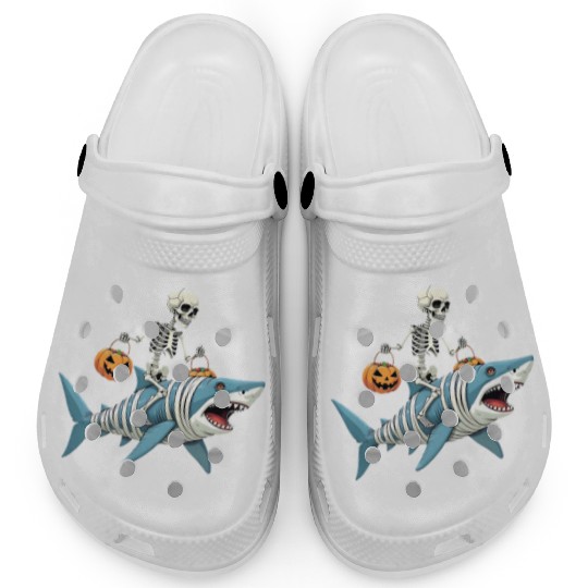 Skeleton Riding Shark Mummy Funny Halloween Clogs