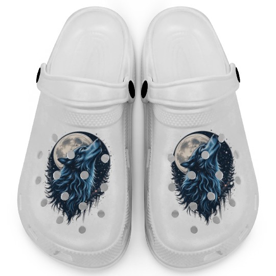 Moonlit Howl Blue Wolf Illustration Clogs