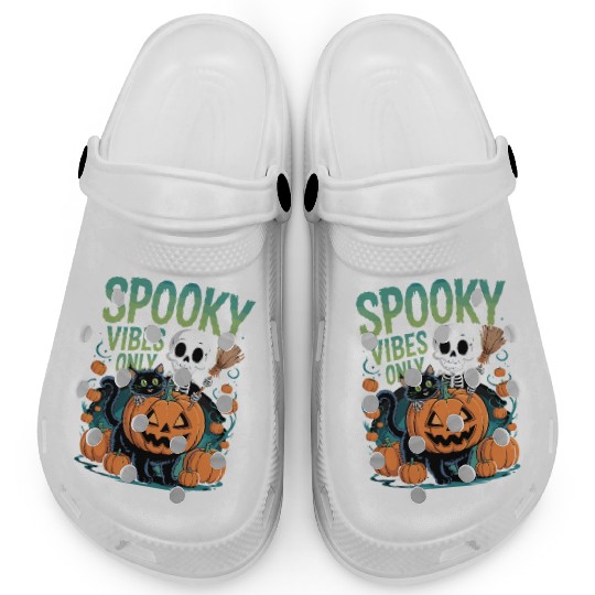 Spooky Vibes Halloween Cat and Skeleton Clogs