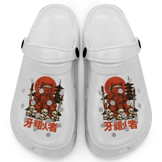 Samurai Cat with Skulls and Pagoda Clogs