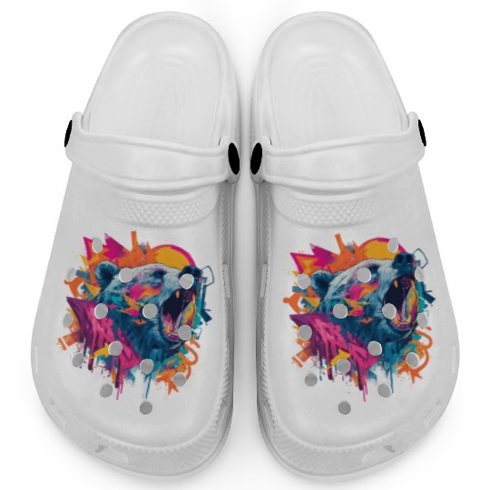 Vibrant Roaring Bear Graffiti Design Clogs