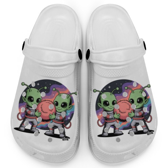 Adorable Alien Friends Embrace Cosmic Unity Clogs