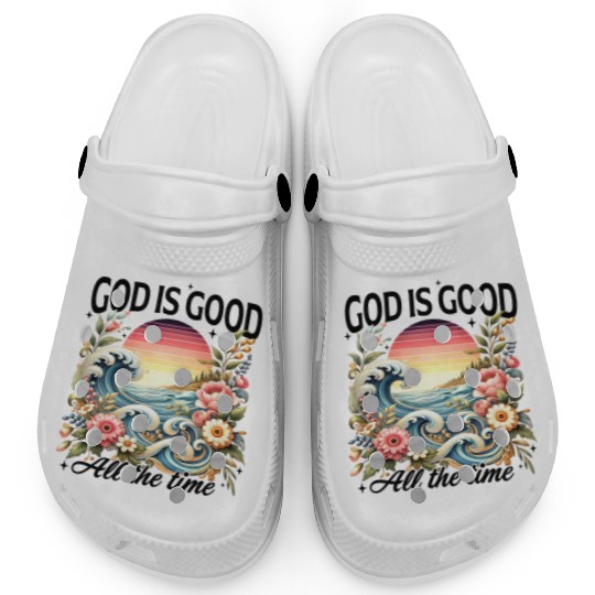 Elegant Wave and Floral Sunset Scene - GOD IS GOOD Clogs