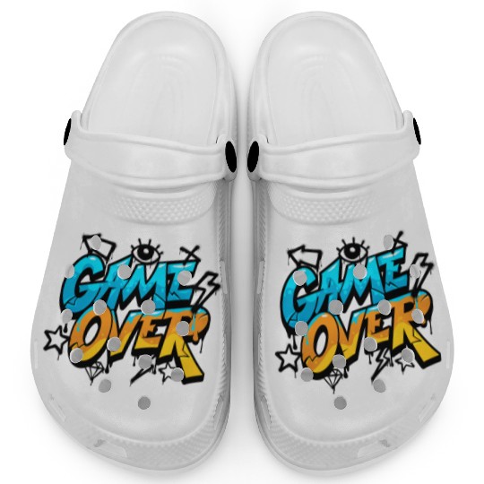 Blue and Yellow Graffiti Game Over Clogs