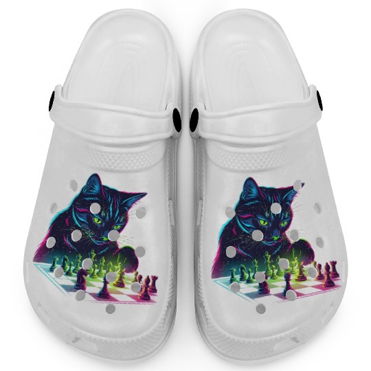 Neon Black Cat Chess Art Clogs