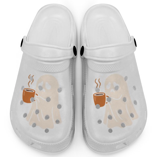 Spooky Ghost with Coffee Mug Design Clogs