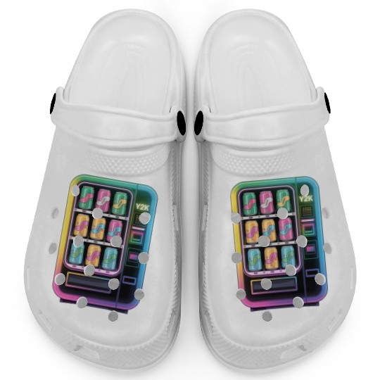 Y2K Cyber Vending Machine with Iridescent Drinks Clogs