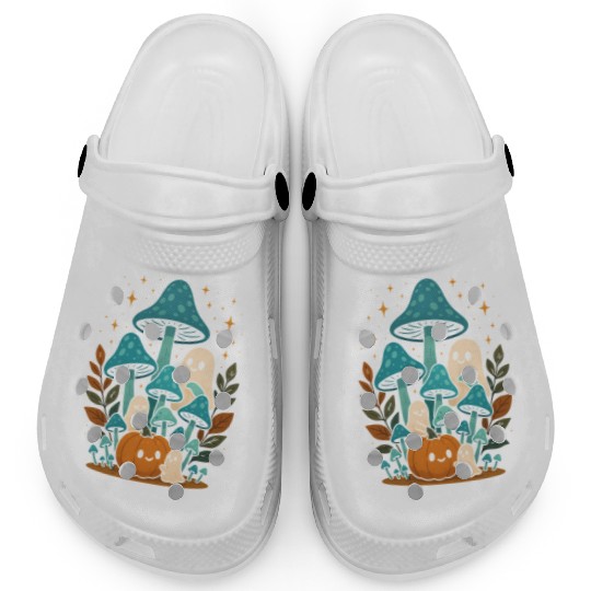 Whimsical Ghost and Mushroom Halloween Scene Clogs