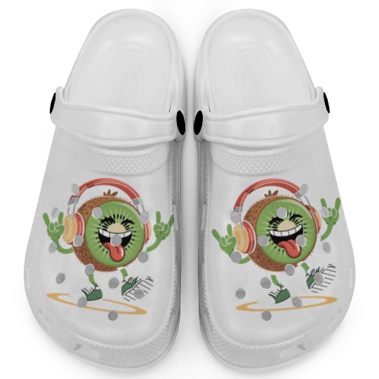Playful Kiwi Cartoon with Headphones Clogs
