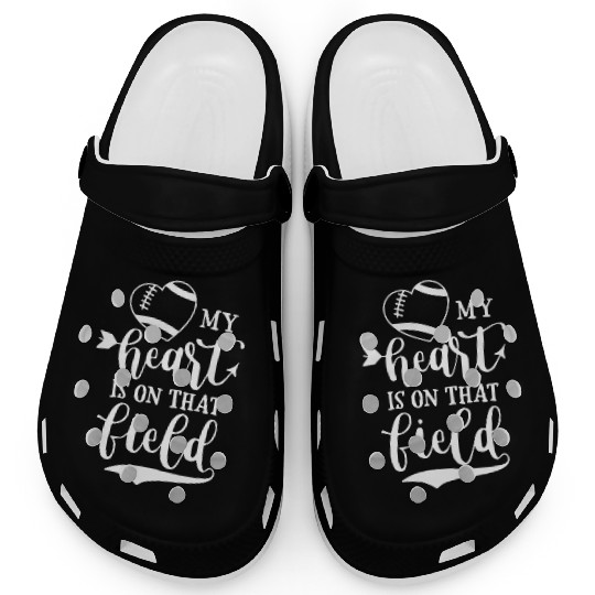 my hert is on that field football mom and dad gift Clogs