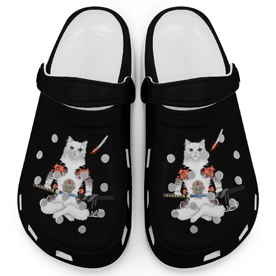 Japanese Samurai Cat Katana Ninja Yakuza Tattoo Clogs