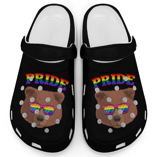 Gay Pride Grizzly Bear with LGBT Rainbow Clogs