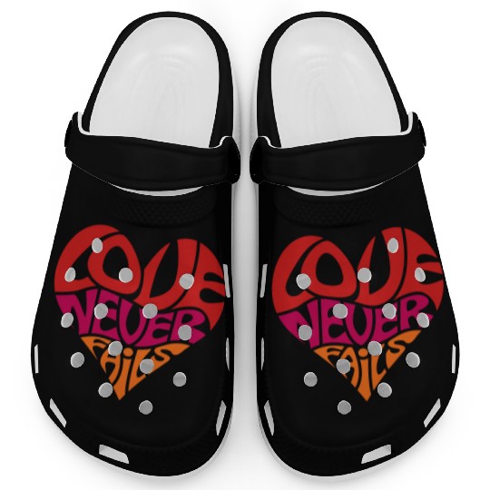 Love Never Fails, Heart, Christian, Bible Verse Clogs