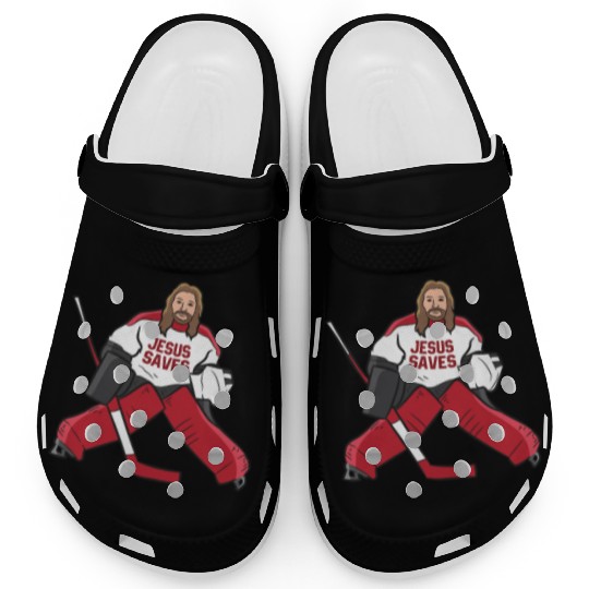 Funny Hockey Jesus Saves Hockey Goalie Clogs