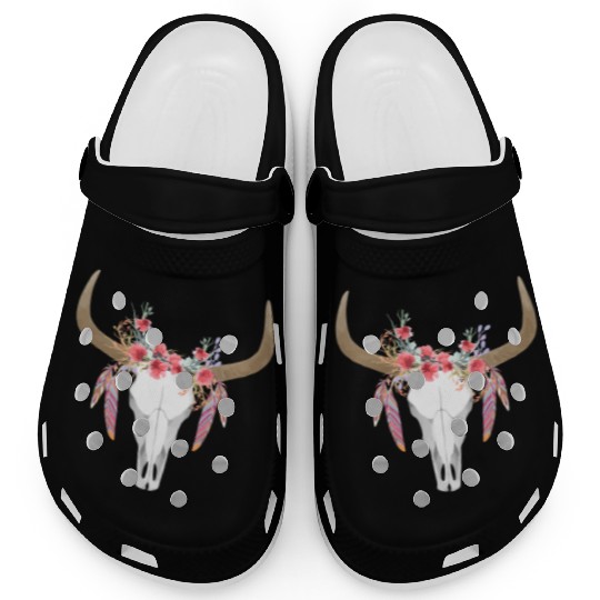 Floral Cow Skull With Feathers Bull Skull Clogs