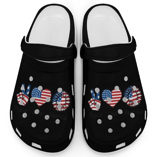 4th of July American Flag Sunflower Peace Love US Clogs