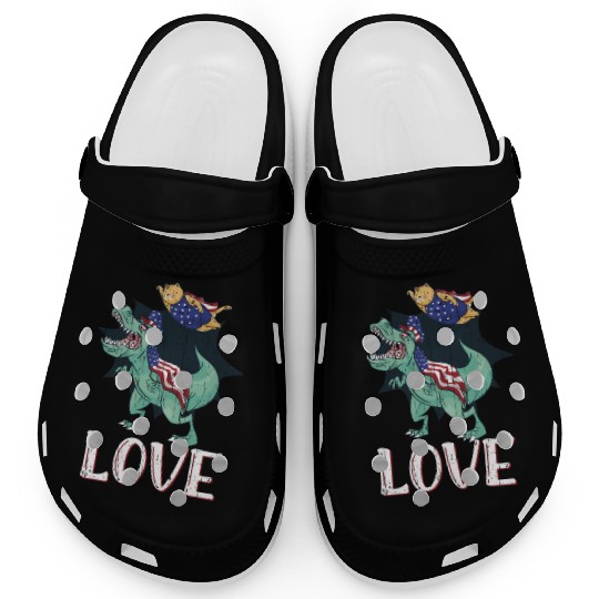 Love America Cat Dinosaur USA Flag 4th Of July Clogs