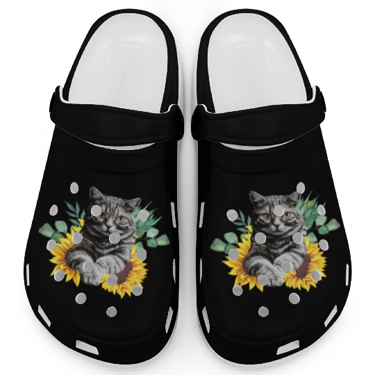 Black Cat With SunFlowers, Gifts For Kitten Lovers Clogs
