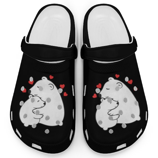 Cute Mama and Baby Polar Bear Cub Hugging Mothers Clogs