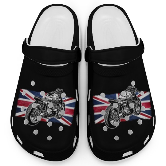 Cafe Racer Bike, Distressed UK Flag Vintage Ride Clogs