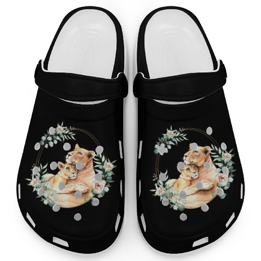 Mommy and Baby Lion in a Floral Gold Wreath Frame Clogs