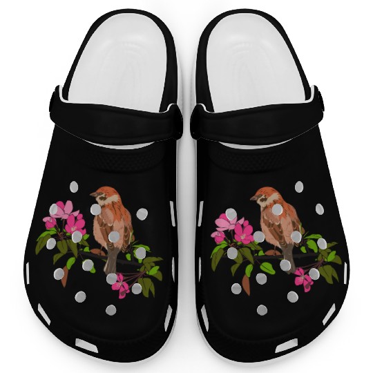 Sparrow on a branch pink flowers of an apple tree Clogs