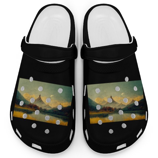 Mountain Lake Golden Landscape Painting Clogs