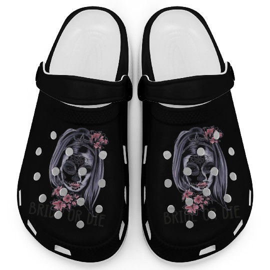 Womens Bride Or Die Halloween Skeleton face girl Clogs