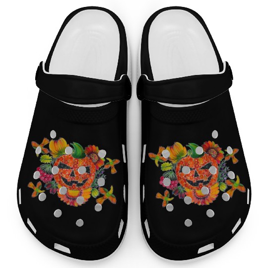 Halloween pumpkin. Petrykivka painting. Floral art Clogs