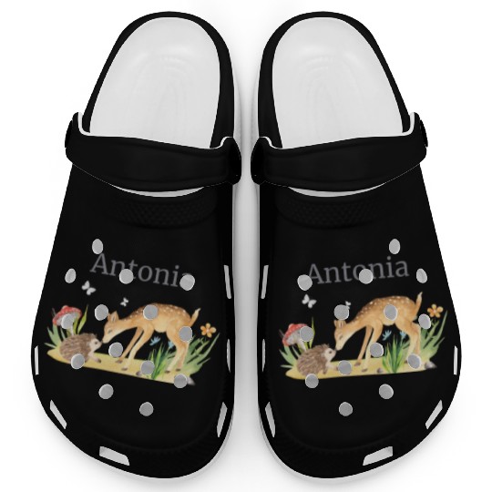 Forest Animal Deer Hedgehog Flowers Name Antonia Clogs