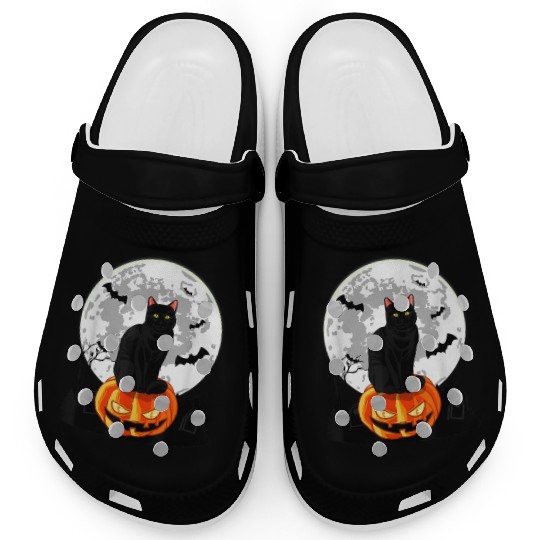 Black Cat On Pumpkin Clogs Full Moon Halloween