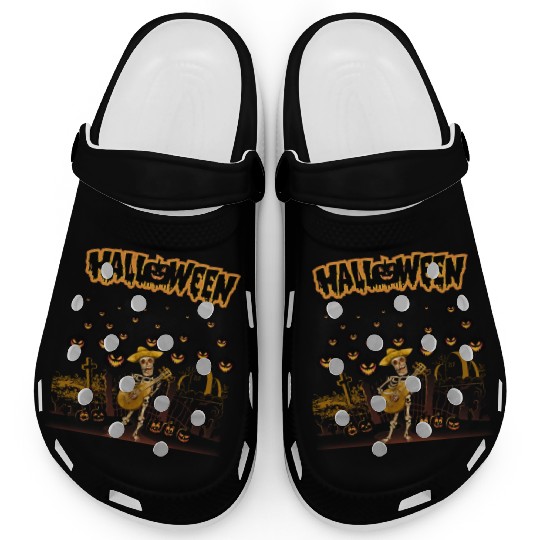 Happy Halloween Funny Skeleton Playing Guitar Clogs