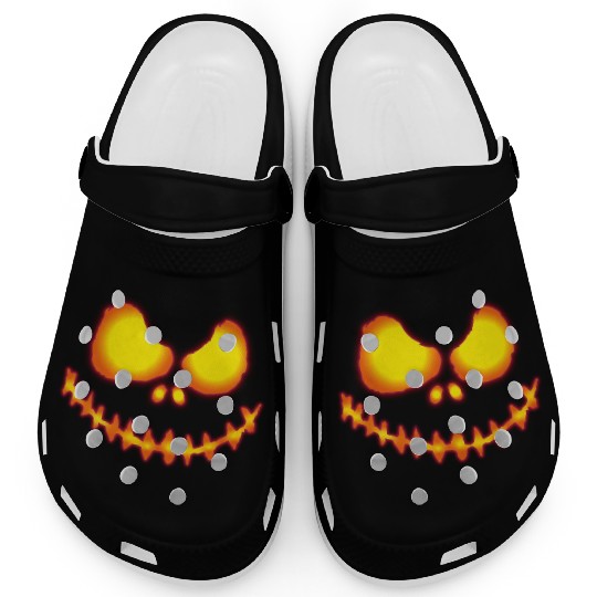 Scary pumpkin face with neon effect and fire color Clogs