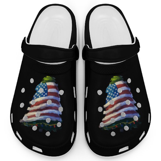 Patriotic Christmas Tree Wrapped In US Flag Clogs