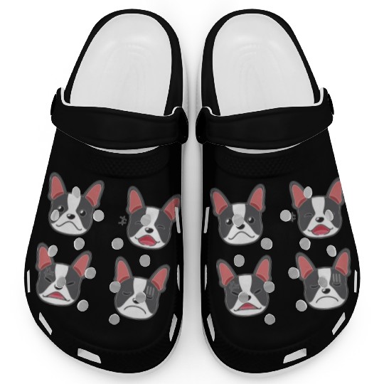 Funny Boston Terrier Dog Cartoon Faces Clogs