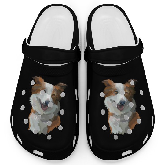 Cute Brown Border Collie Dog Watercolor Painting Clogs