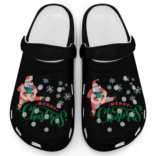 Merry Christmas in Green Font and Pink Santa Clogs