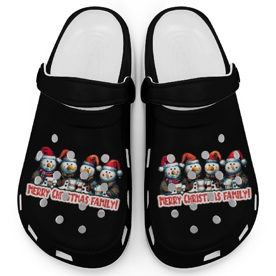 Snowmen in christmas coral, image for end of year, Clogs