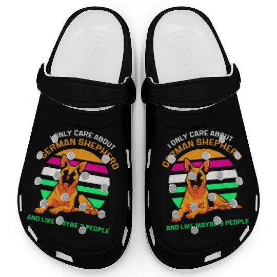 German Shepherd and like maybe 3 people Clogs