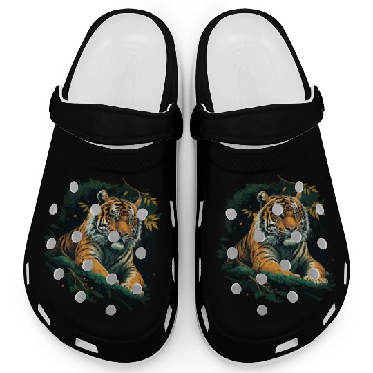 Tiger sitting in Jungle Clogs