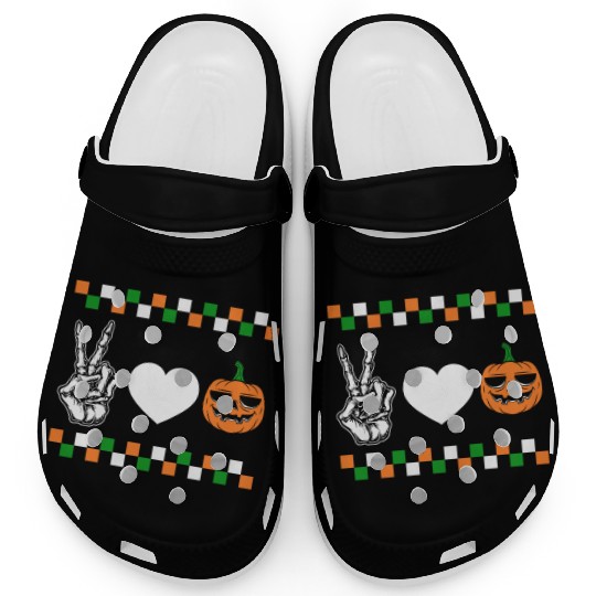 Halloween Clogs, Peace Love Pumpkin Skeleton Hand
