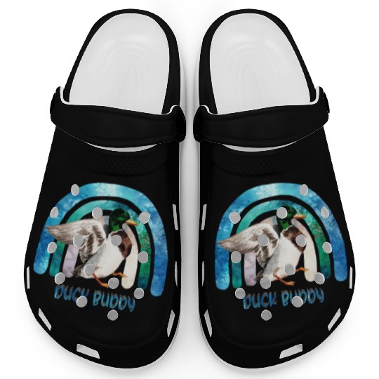Duck Buddy - Funny Duck And Blue Green Rainbow Clogs