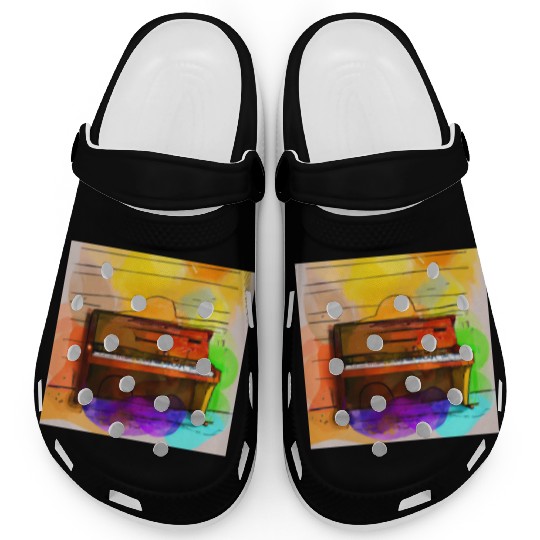 A beautiful piano in front of a colorful wall Clogs
