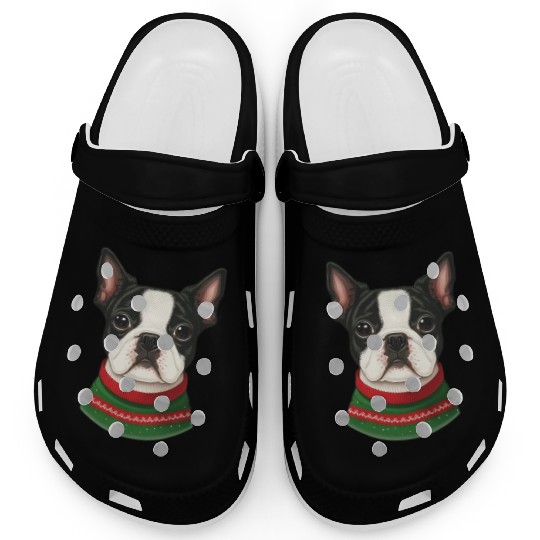 Festive Boston Terrier in a Christmas Sweater Clogs