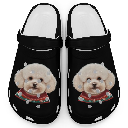 Festive Bichon Frise in a Christmas Sweater Clogs