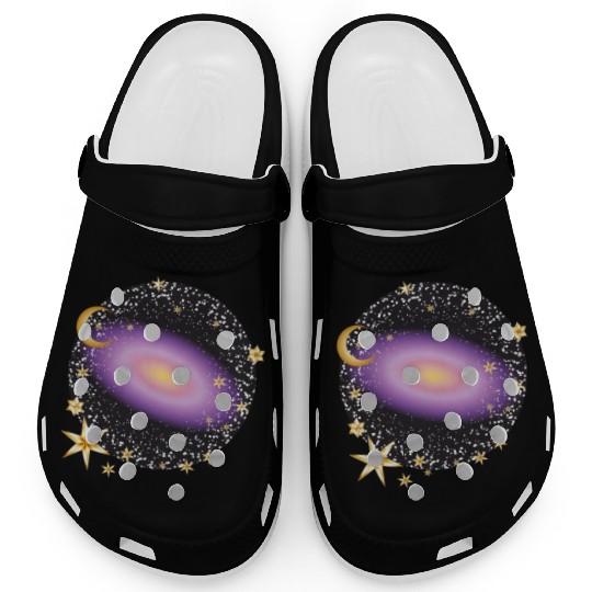 glowing violet galaxy with moon and stars Clogs